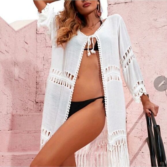 Tie Neck Fringe Hem Kimono - Picture 3 of 7